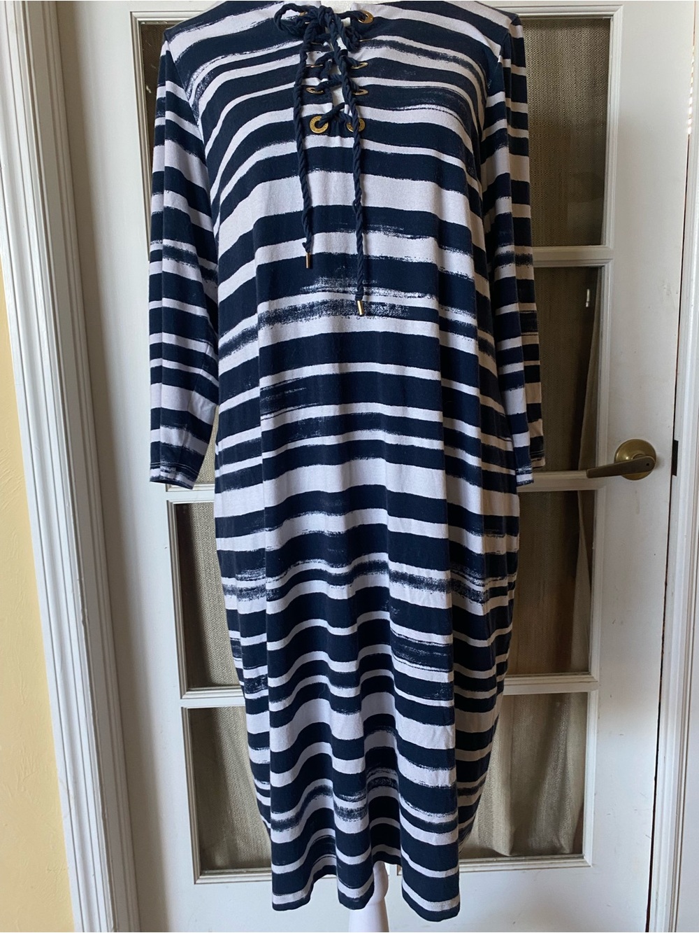 Tommy Bahama Navy and White Striped Lace-Up Midi Dress